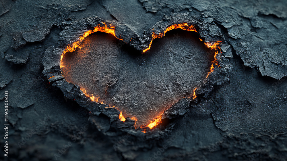 Poster burn paper holes and borders, burnt page in shape of heart and crown with smoldering fire on charred