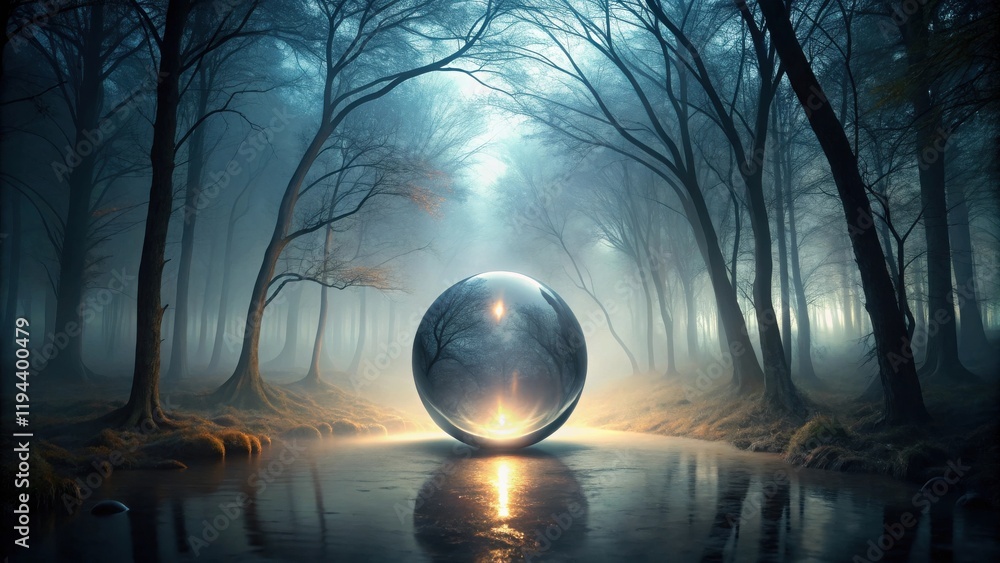 Poster enigmatic orb reflecting in a misty forest stream