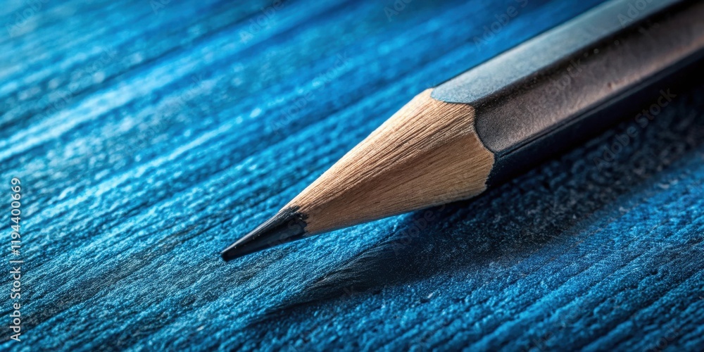Leinwandbilder close-up view of a sharpened dark graphite pencil resting on a textured blue surface