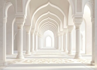 Naklejka premium A white background with Islamic patterns and arches. A long corridor leading to the center of an Arabic mosque, with soft lighting casting shadows on its walls. 