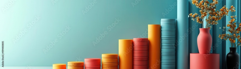 Aufkleber a colorful arrangement of cylindrical objects and vases, creating an artistic display against a soot