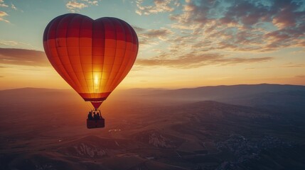 Obraz premium Romantic Hot Air Balloon Ride Over Scenic Landscape at Sunset with Couple Enjoying Breathtaking Views and Colorful Sky