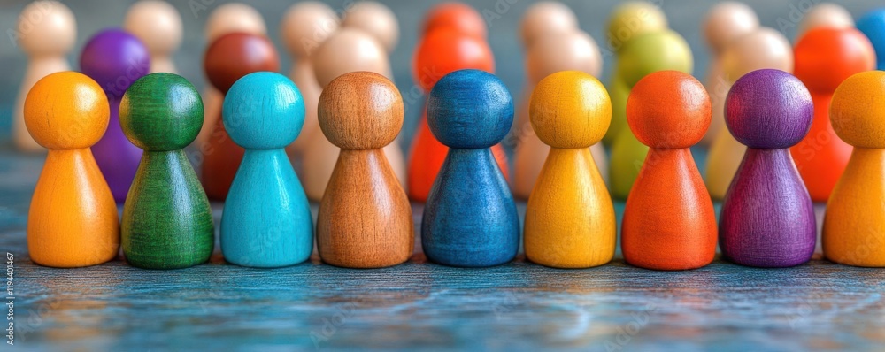 Poster a colorful array of wooden game pieces lined up, showcasing various vibrant colors on a textured sur