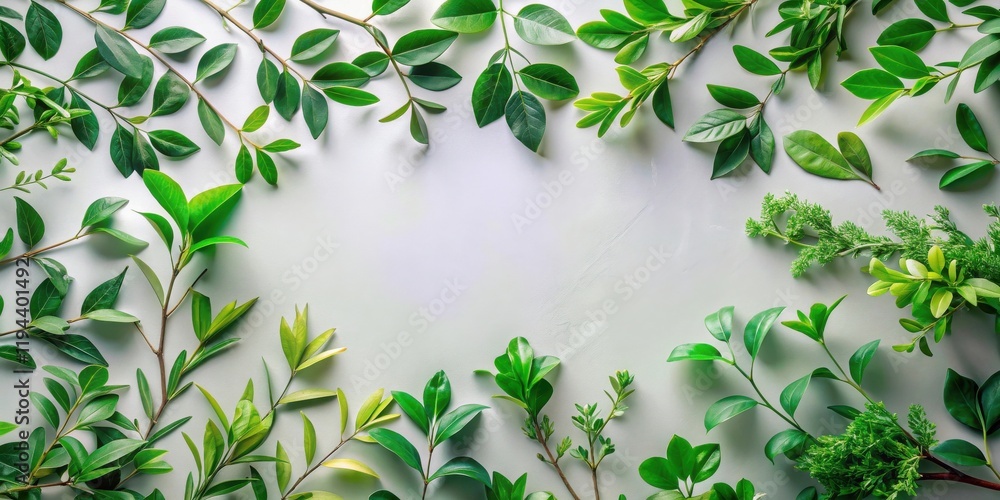 Poster lush green foliage arranged in a circular frame on a light background