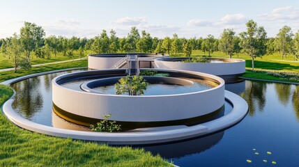 Fototapeta premium Modern Circular Water Design with Natural Surroundings and Greenery