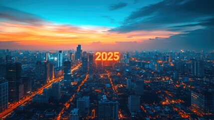 Fototapeta premium Captivating Futuristic Cityscape at Sunset with Neon Typography Highlighting the Year 2025 in a Modern Urban Environment