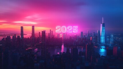 Fototapeta premium Futuristic Cityscape with Neon Typography Displaying the Year 2025 Against a Vibrant Sunset Sky Over a Modern Urban Landscape