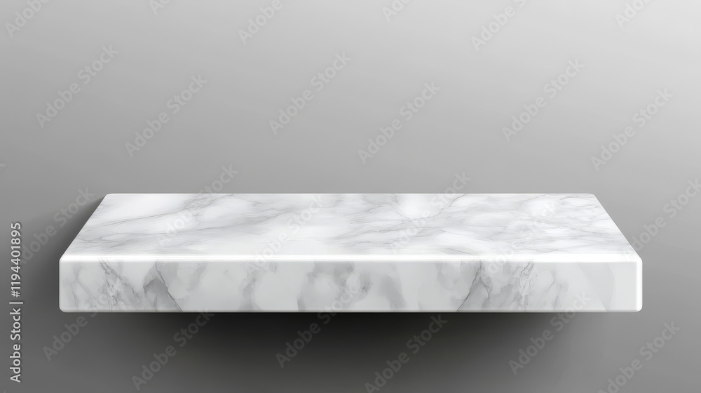 Poster white marble table top, stone display stand. vector realistic mockup of empty shelf, kitchen counter