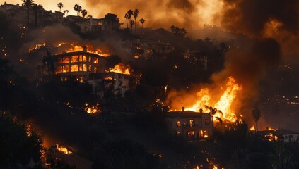 A massive fire spreads across the hillside in Los Angeles, California, threatening homes and structures as thick smoke and flames rise into the orange sky. Emergency response efforts are underway.