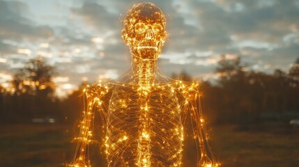 Glowing Skeletal Figure in a Sunset Landscape