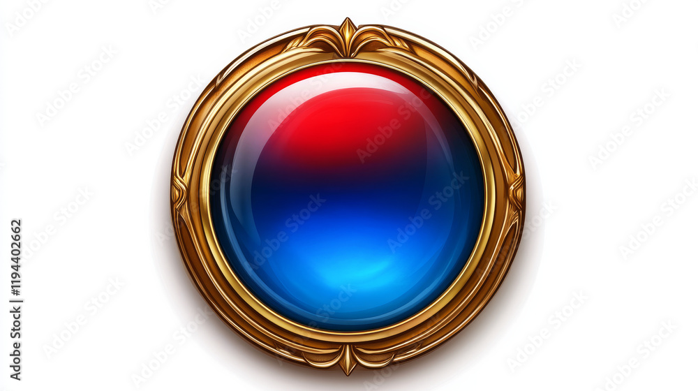 Aufkleber medieval ui game sprite button with gold border cartoon design. isolated long golden royal gui vecto