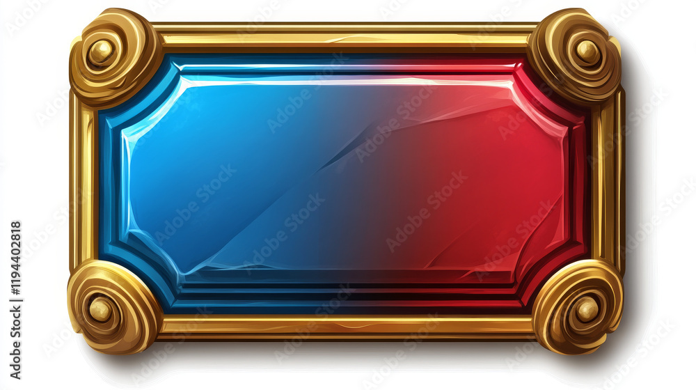 Poster medieval ui game sprite button with gold border cartoon design. isolated long golden royal gui vecto