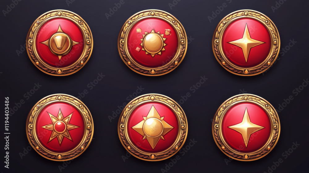 Poster red game buttons, achievement badges with golden frames. vector cartoon set of round icons with gold