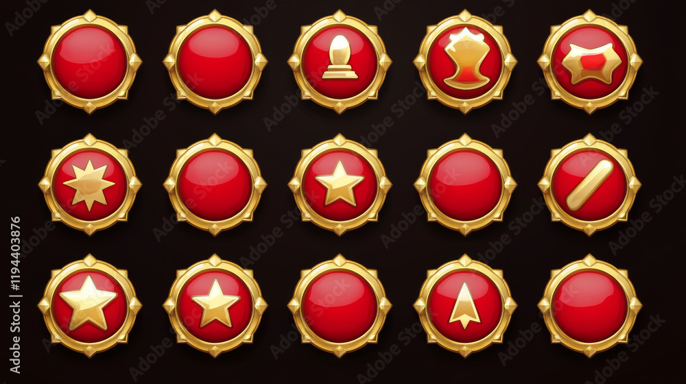 Poster red game buttons, achievement badges with golden frames. vector cartoon set of round icons with gold