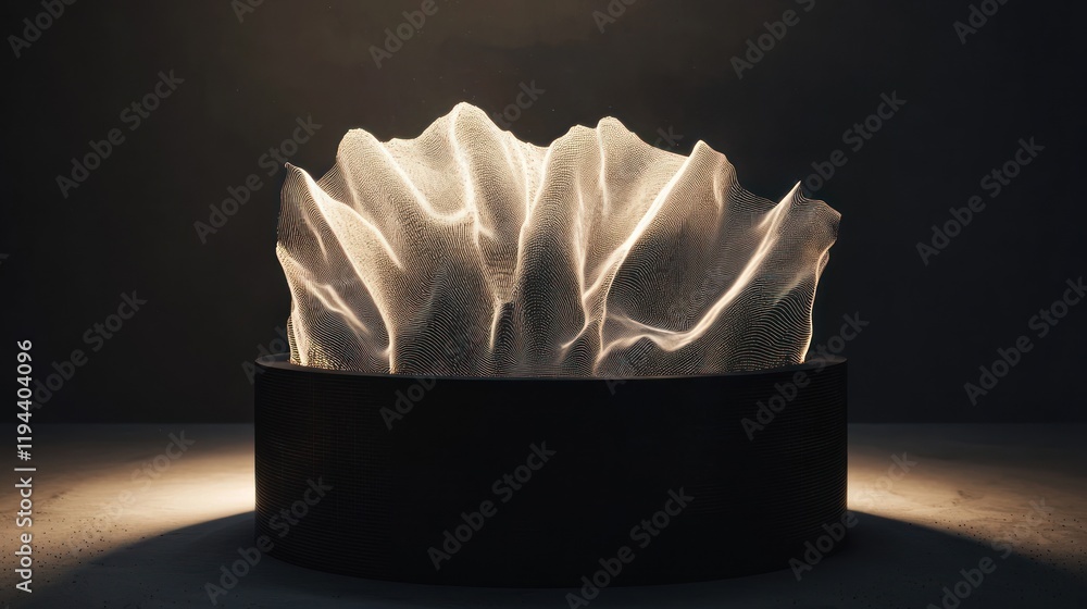 Aufkleber illuminated sculptural lamp with a textured, fabric-like shade on a dark circular base.