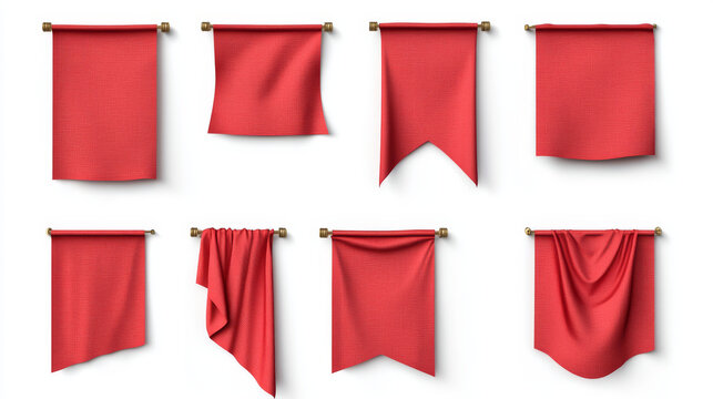Realistic red pennants set, flags mockup isolated on white background for branding or text. Vertical fabric flags of different shapes and forms. 3d vector illustration