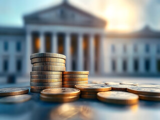 Coins stacked in front of government building symbolize economic interest rates and fiscal policy