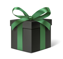 Decorative elegant black gift box with green bow isolated on white with shadow, for Christmas or St Patrick's Day sale design. Vector stock illustration.