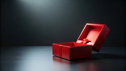 A partially opened red gift box with a ribbon, on a dark surface