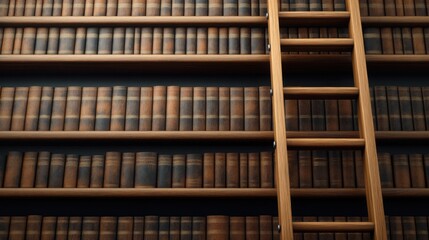 A grand vintage bookshelf reaching the ceiling, with a rolling wooden ladder leaning against it