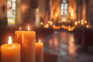 Burning candles in church interior celebrating candlemas