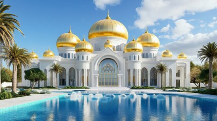 Naklejka premium Majestic Palace with Golden Domes Reflected in Tranquil Pool Water