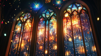 Fototapeta premium Beautiful fireworks stained glass background wallpaper 