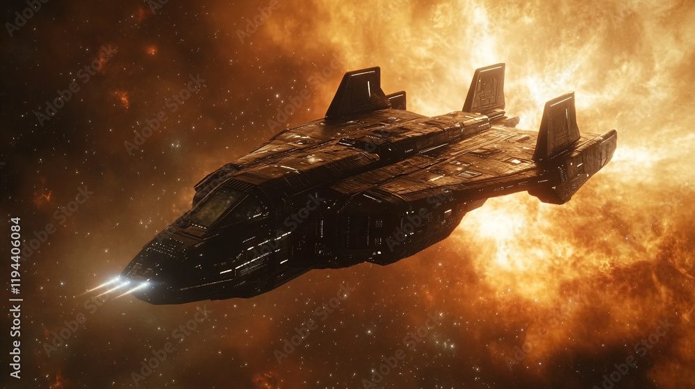Poster spaceship exploring a fiery nebula in deep space at the edge of the galaxy