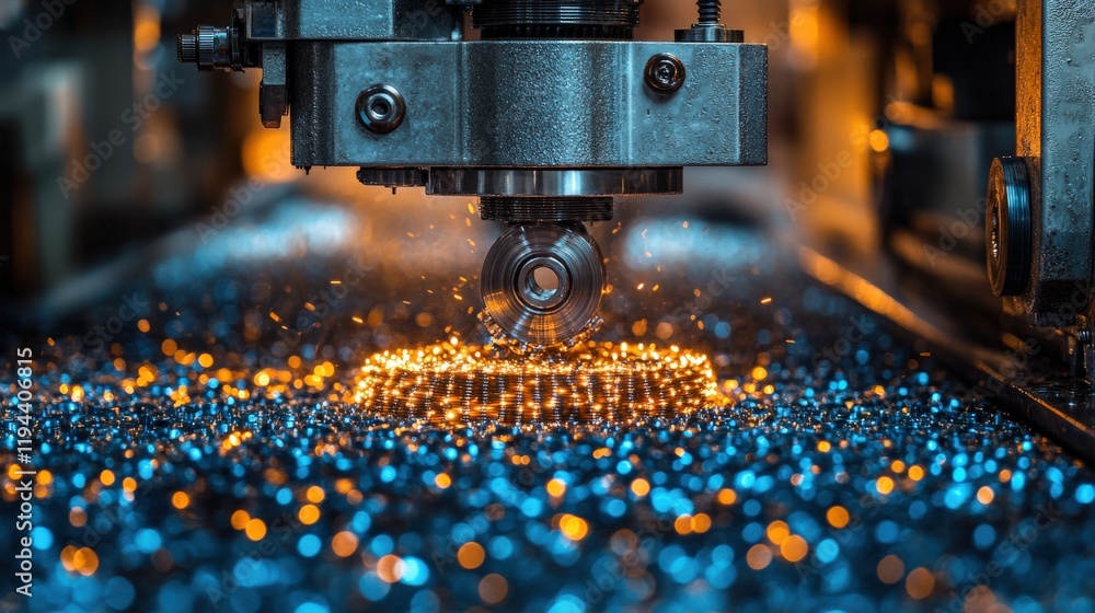 Poster precision engineering in action: close-up of cnc machinery creating sparks and shimmering metal shav