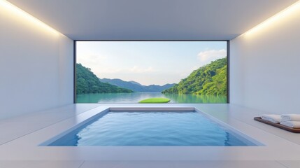 A minimalist indoor jacuzzi with sleek white walls, subtle ambient lighting