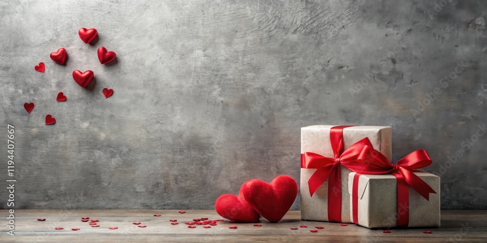 Poster romantic presents with red hearts and scattered confetti on a rustic background
