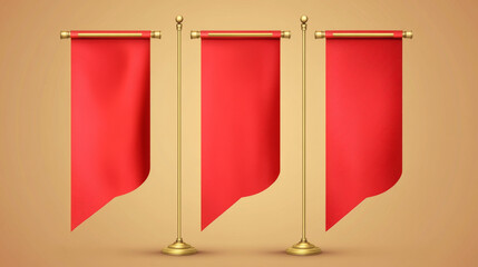 Royal flags. Red textile pennant on golden stand and hanging regal medieval vertical flag banner vector set of banner blank fabric flag illustration