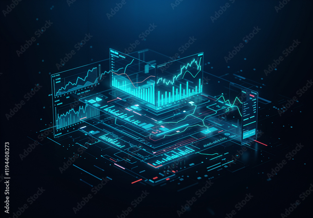 Poster abstract background with hologram of financial charts and graphs, business concept . generative ai