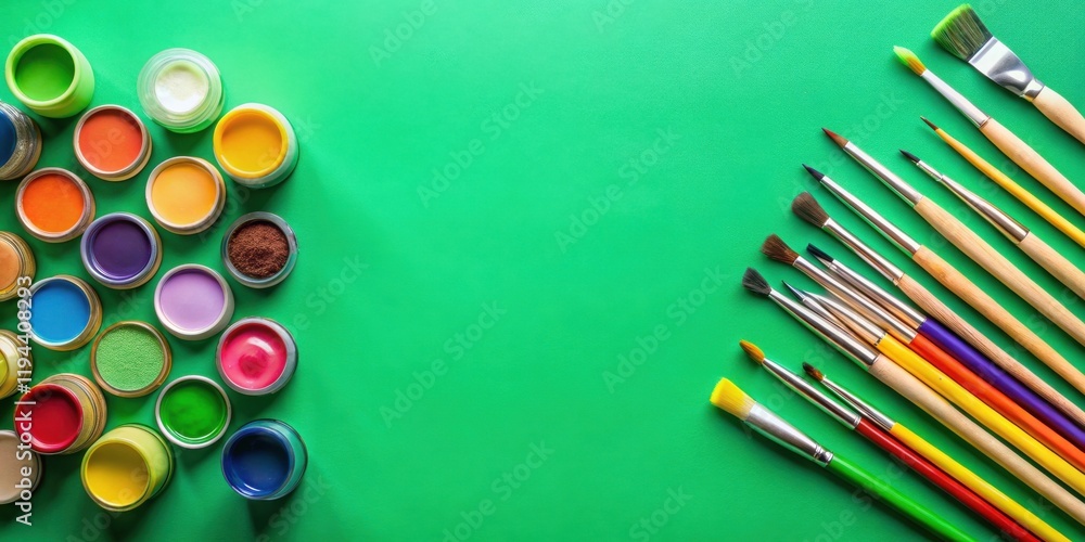 Aufkleber vibrant paint colors and an array of artistic brushes on a green surface