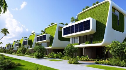 Fototapeta premium Modern Eco-Friendly Homes with Green Facades and Solar Panels