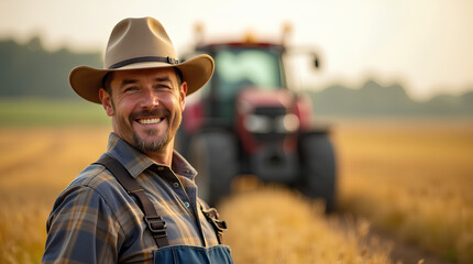 Fototapeta premium Happy Farmer Standing Proudly in a Field with a Tractor Behind