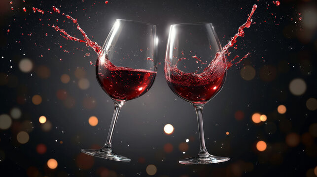 Wineglasses with red wine clink. Empty and full glasses with alcohol drink, liquid splashes and droplets mockup, vine beverage isolated on transparent background Realistic 3d vector illustration