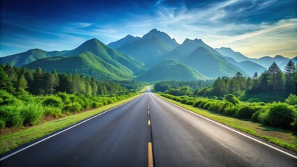 Naklejka premium Asphalt road disappearing into a majestic mountain range under a vibrant sky