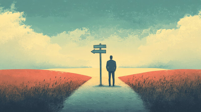 Man stand on crossroad fork with pointer show hard and easy directions. Character making decision what road to choose. Business challenge, task solution, choice way, Line art flat vector concept