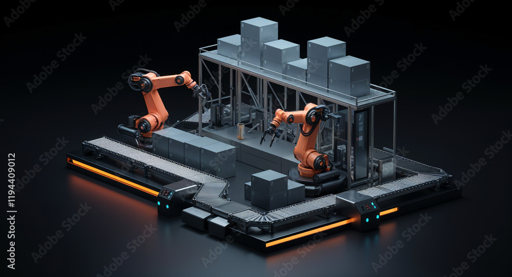 Poster futuristic 3d concept of robotic assembly line. generative ai
