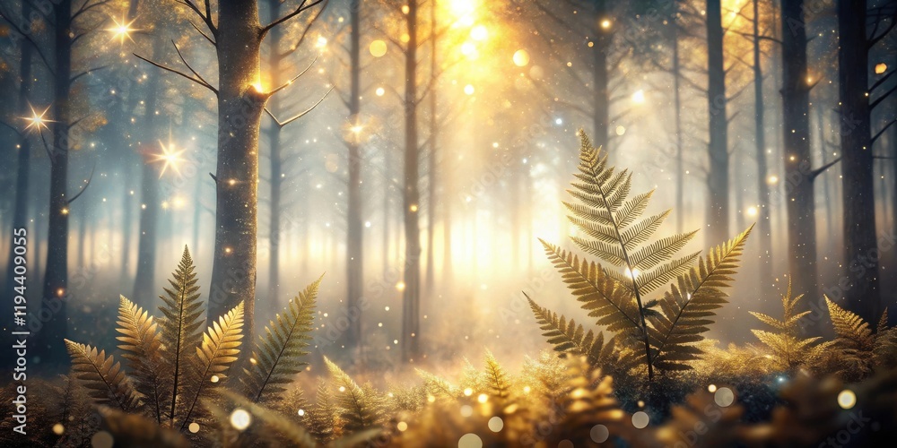 Aufkleber golden ferns in a mystical forest illuminated by sparkling lights
