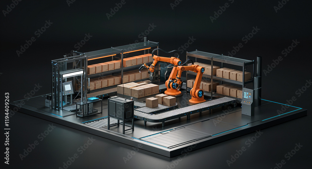Poster futuristic 3d concept of robotic assembly line. generative ai