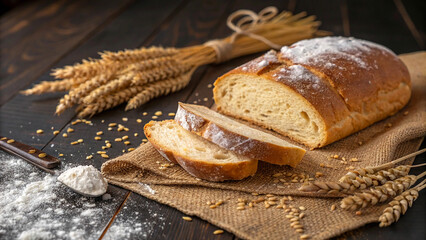 Artisanal sliced bread loaf, golden crust, wheat stalks, rustic burlap, dark wooden table, flour dusting, soft lighting, high detail, warm tones, food photography,