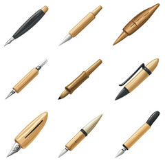 Artistic 3D icons of writing tools on transparency background