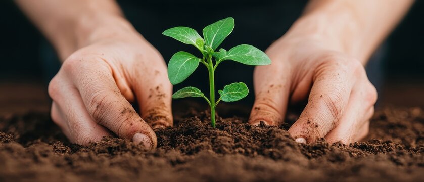 A person gently plants a small green seedling in rich, dark soil, symbolizing care for nature and growth. - Powered by Adobe