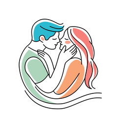 Young girl and guy in love hugging and kissing. Valentine's day greeting card. Vector illustration isolated on white background. Love concept