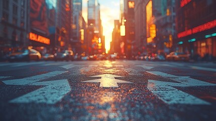 Fototapeta premium Sunset city street crossing, traffic, skyscrapers, urban background