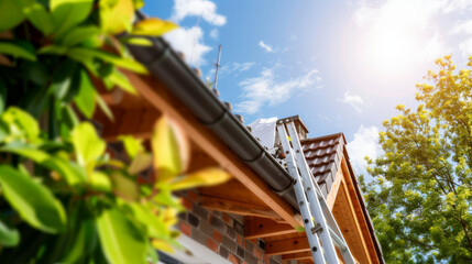 Fototapeta premium ladder leans against house under bright sky, surrounded by greenery