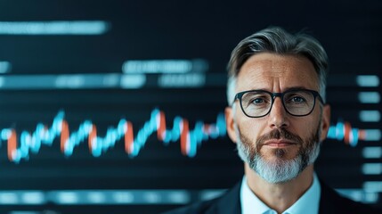 A serious-looking professional man stands against a backdrop of financial graphs, showcasing expertise in analysis and data interpretation.