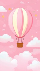 Fototapeta premium World meteorological day concept, Hot Air Balloon Over Fluffy Clouds in Soft Pink Sky with Cute Decorative Elements